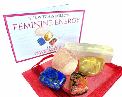Divine feminine energy crystal healing pack with rose quartz, selenite, moonstone, lapis lazuli and rhodonite in red organza bag with crystal guide from The Witches Hollow UK