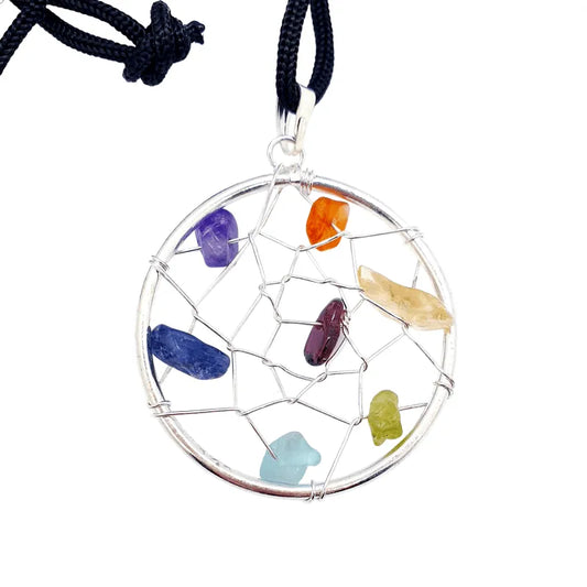 Gemstone chakra web pendant detail showing rainbow stones in web design for energy balance from The Witches Hollow UK