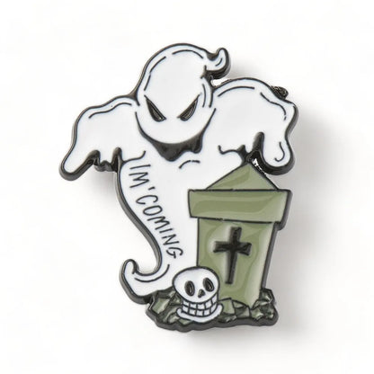 Graveyard ghost enamel pin with spooky cemetery design for Halloween gothic style from The Witches Hollow UK