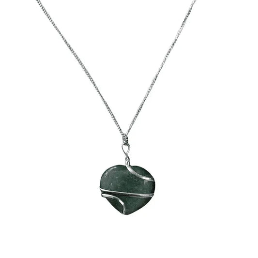 Green aventurine heart wire wrapped pendant with green crystal heart for heart chakra love from The Witches Hollow UK