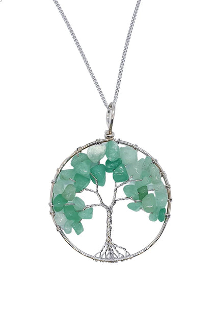 Green aventurine tree of life pendant detail showing green crystal tree for luck and abundance from The Witches Hollow UK