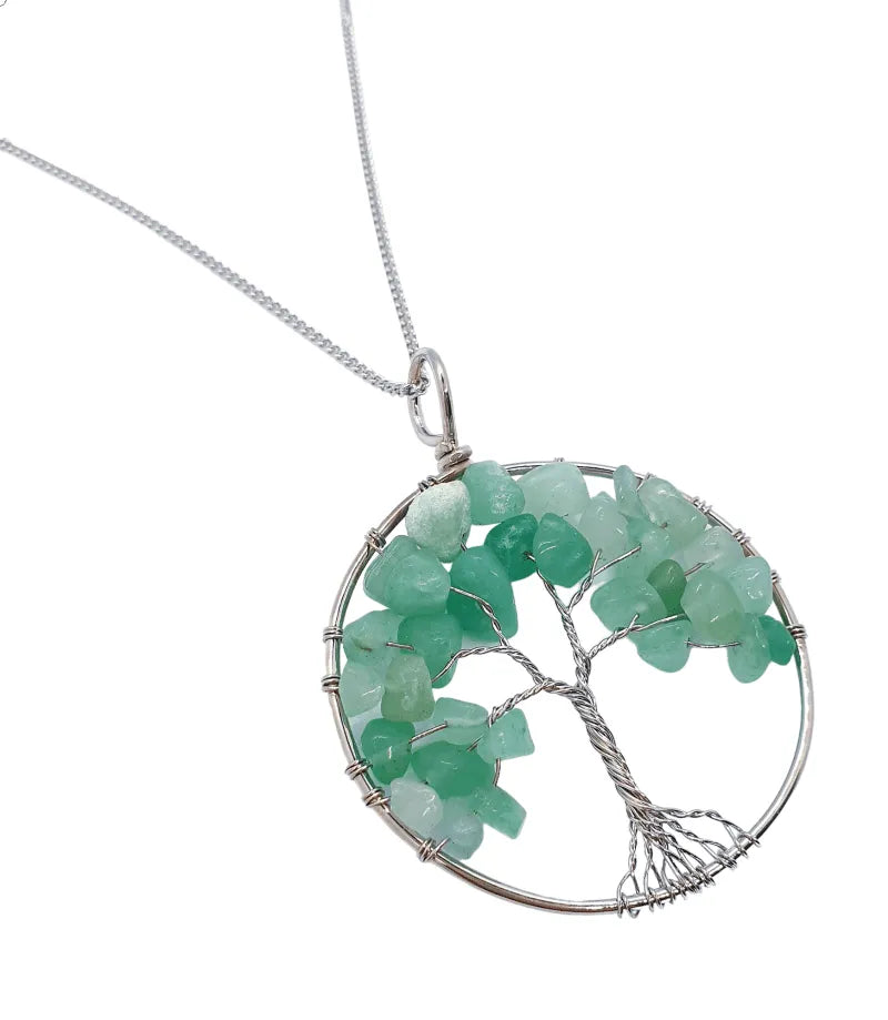 Green aventurine tree of life pendant with green crystal tree for heart chakra and prosperity from The Witches Hollow UK