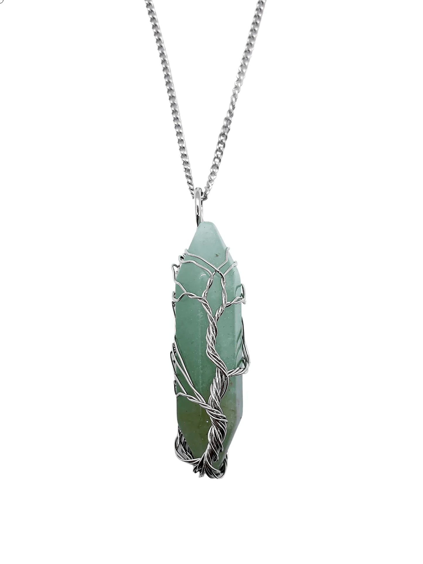 Green aventurine wire tree pendant detail showing prosperity stone tree for abundance from The Witches Hollow UK