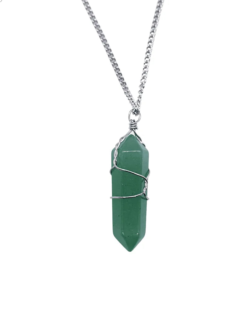 Green aventurine wire wrapped pendant detail showing green healing stone for abundance and luck from The Witches Hollow UK