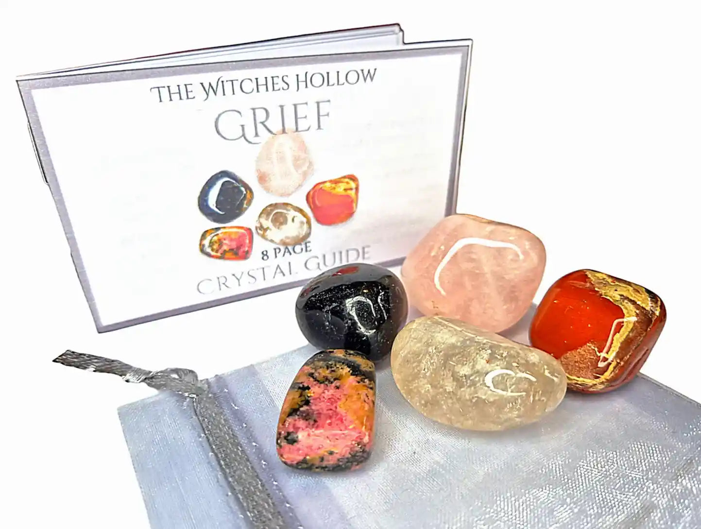 Grief and loss healing crystal pack with rose quartz, smoky quartz, black tourmaline, red jasper and rhodonite for bereavement support with crystal guide from The Witches Hollow UK