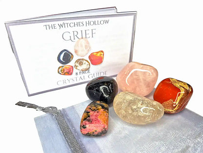 Grief and loss healing crystal pack with rose quartz, smoky quartz, black tourmaline, red jasper and rhodonite for bereavement support with crystal guide from The Witches Hollow UK