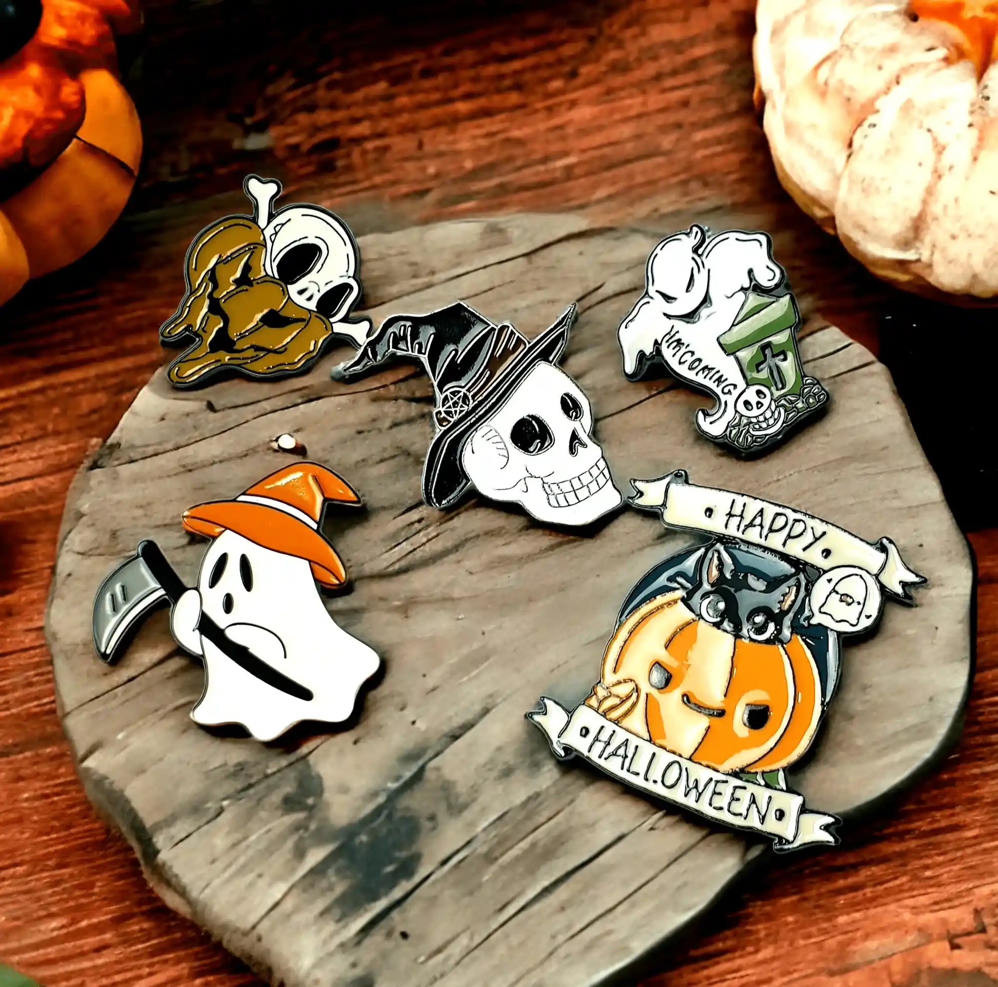 Halloween enamel pin set 5 pieces with spooky gothic designs for seasonal witchy style from The Witches Hollow UK