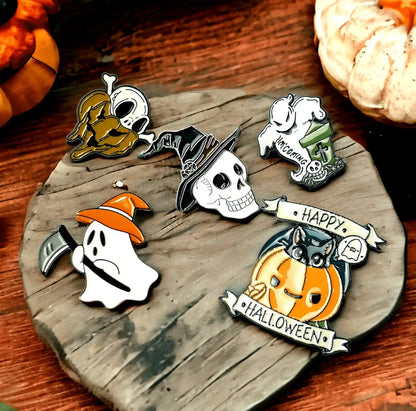 Halloween enamel pin set 5 pieces with spooky gothic designs for seasonal witchy style from The Witches Hollow UK