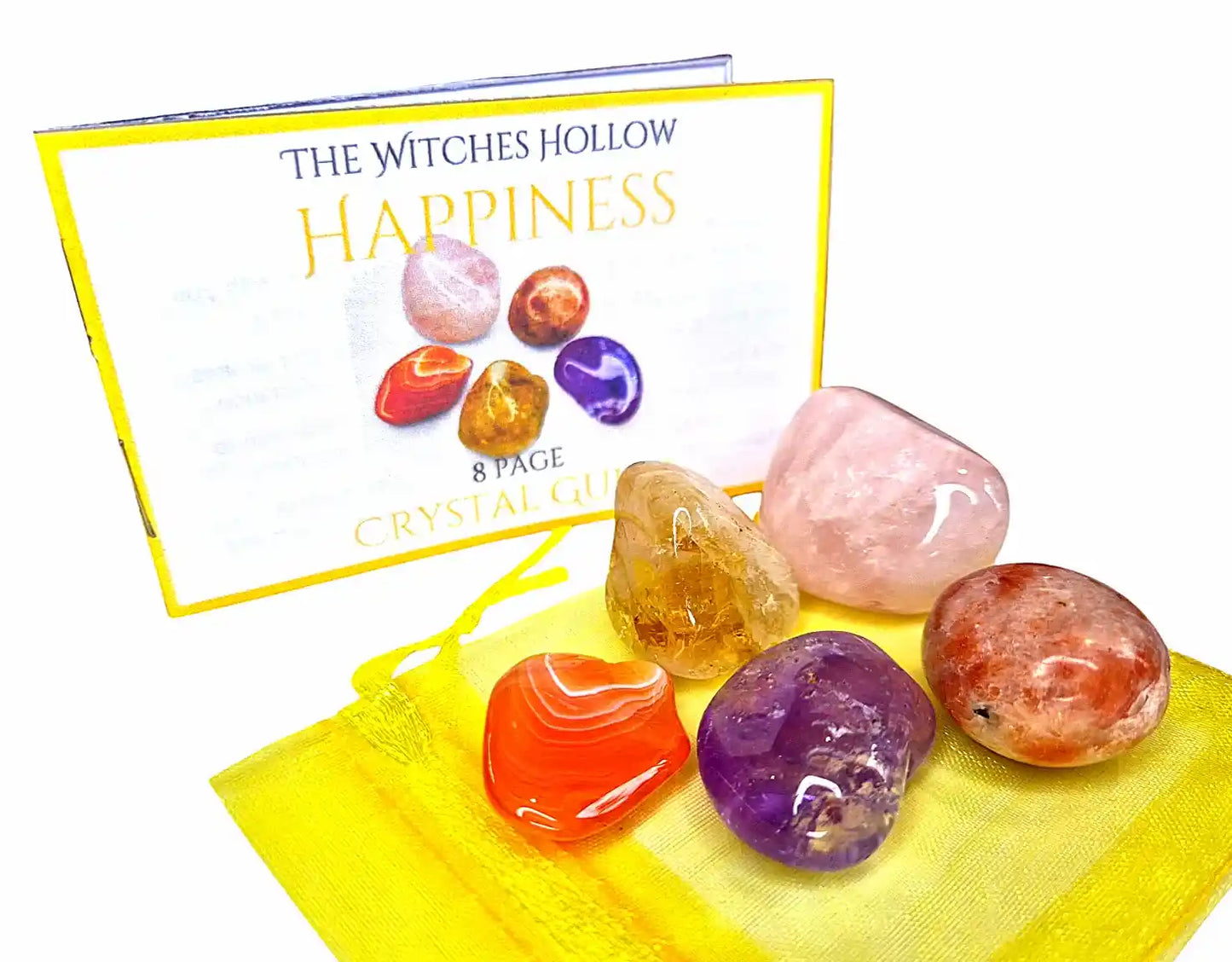 Happiness crystal healing pack with rose quartz, citrine, carnelian, amethyst and sunstone in yellow organza bag with crystal guide from The Witches Hollow UK
