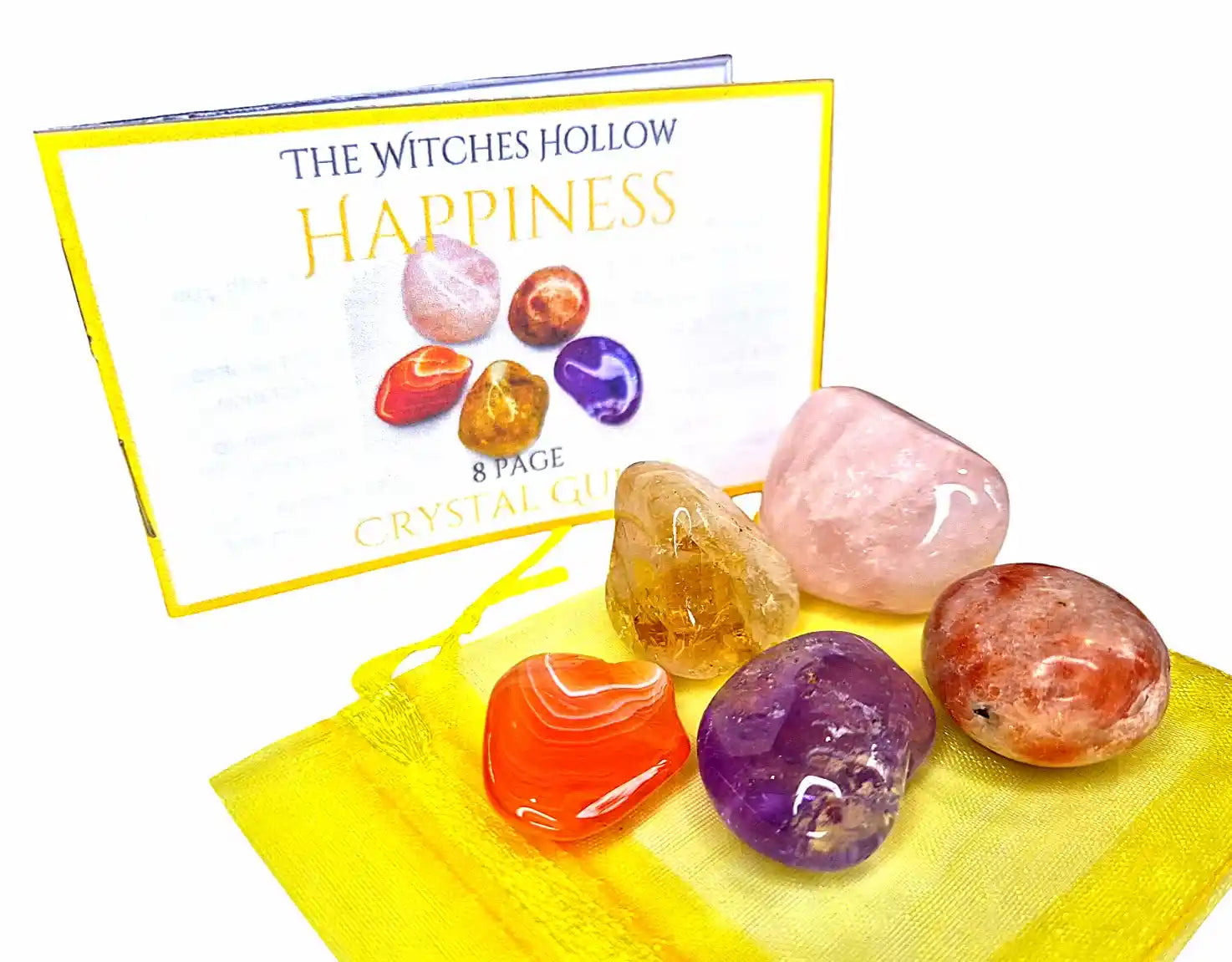 Happiness crystal healing pack with rose quartz, citrine, carnelian, amethyst and sunstone in yellow organza bag with crystal guide from The Witches Hollow UK