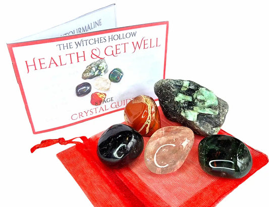 Health and get well crystal healing pack with bloodstone, emerald, tourmaline stones in red organza bag with crystal guide from The Witches Hollow UK