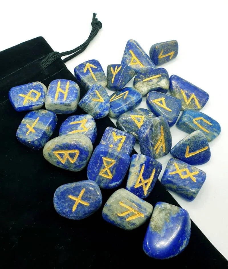 Lapis lazuli futhark rune set detail with blue stones for wisdom divination and truth from The Witches Hollow UK