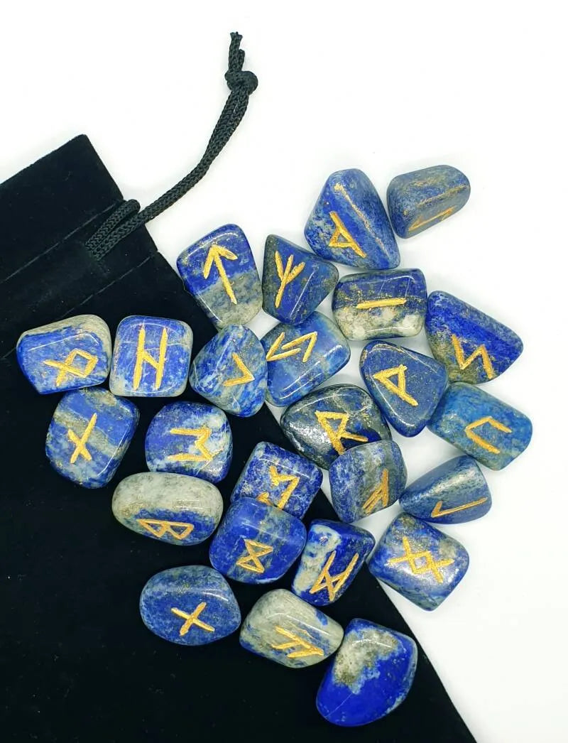 Lapis lazuli futhark rune set with royal blue stones for Norse divination and communication from The Witches Hollow UK