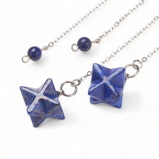 Lapis lazuli merkaba dowsing pendulum alternative view with blue star crystal for wisdom divination from The Witches Hollow UK