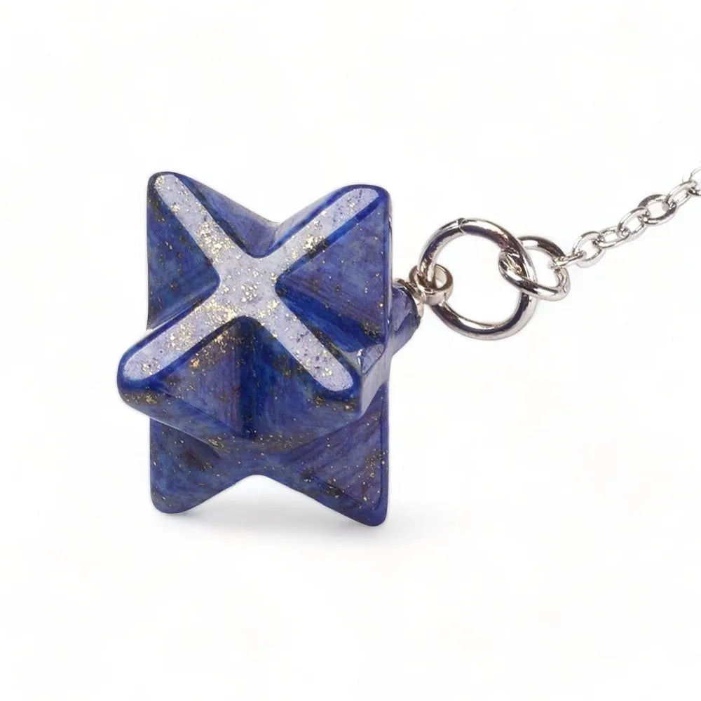 Lapis lazuli merkaba dowsing pendulum detail with blue star crystal for truth and communication from The Witches Hollow UK