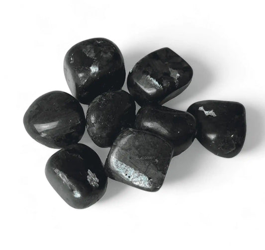 Larvakite tumble stone with dark crystal for grounding and ancestral wisdom from The Witches Hollow UK