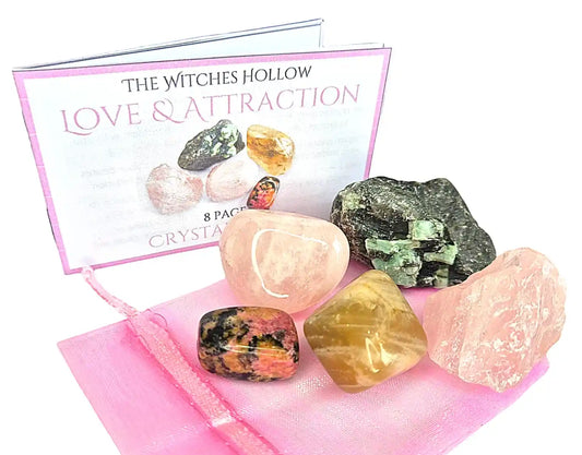 Love attraction crystal healing pack with rose quartz, emerald, rhodonite stones in pink organza bag with crystal guide booklet from The Witches Hollow UK