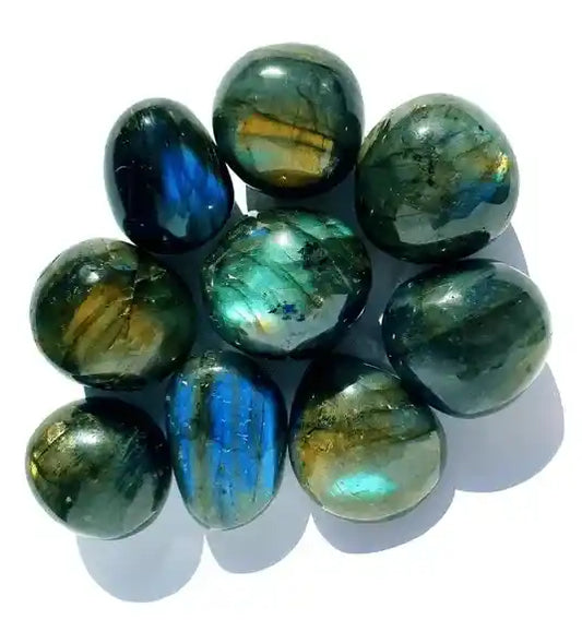 Madagascan labradorite tumble stone with iridescent crystal for spiritual awakening and protection from The Witches Hollow UK