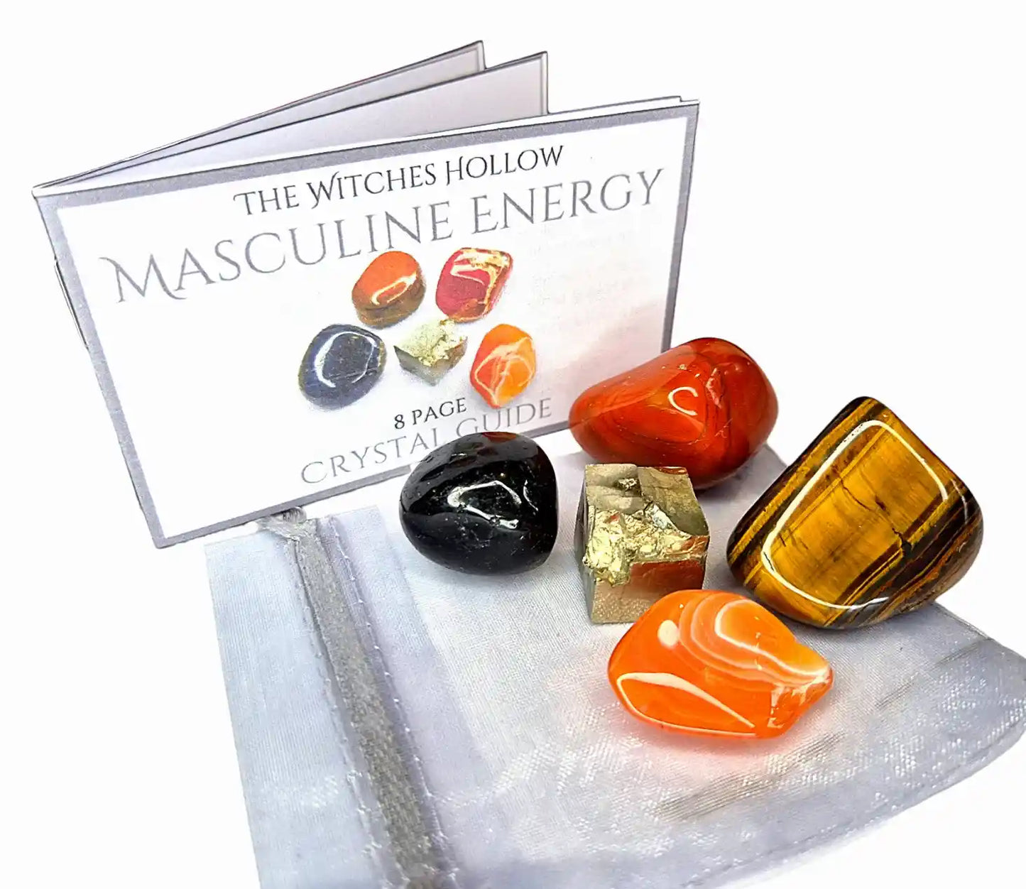 Masculine energy crystal pack complete set showing crystals, white drawstring pouch and 8-page crystal guide booklet for strength confidence and masculine power - The Witches Hollow UK
