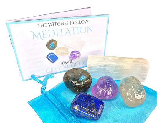 Meditation crystal pack complete set showing crystals, blue drawstring pouch and 8-page crystal guide booklet for third eye chakra and mindfulness practice - The Witches Hollow UK