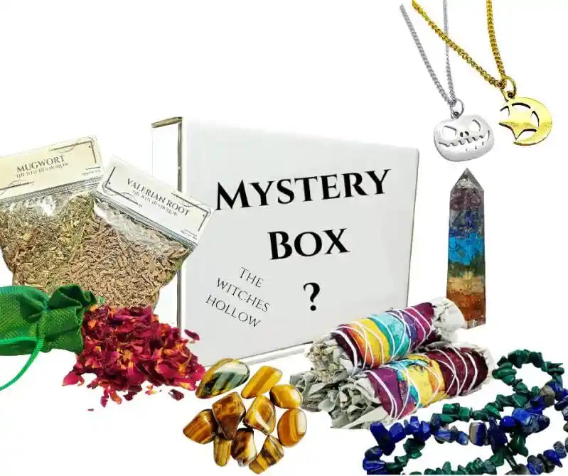 Medium mystery box featuring surprise crystals and metaphysical tools for spiritual journey from The Witches Hollow UK