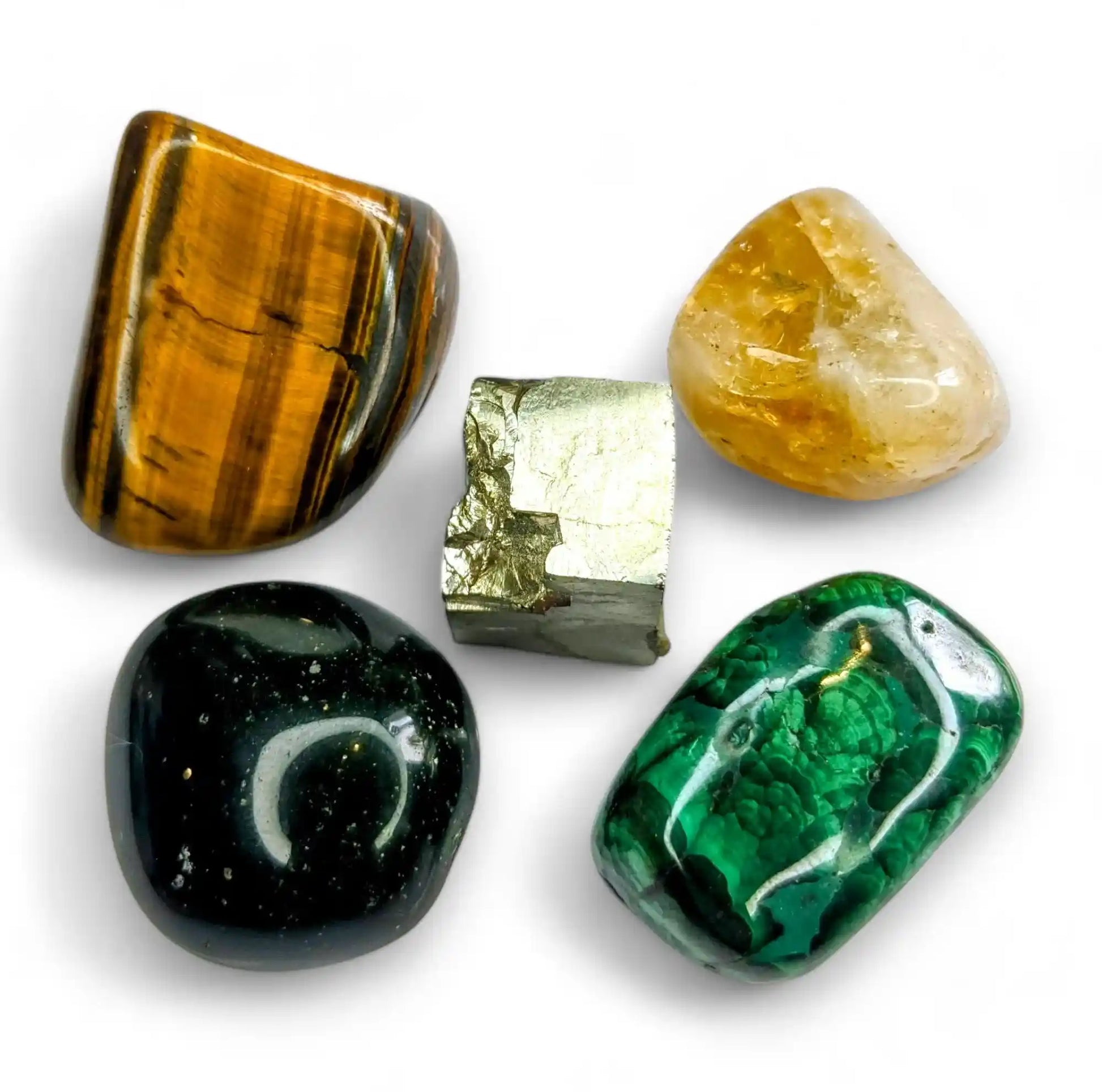 Money manifestation crystal healing pack with 5 natural stones - Tigers Eye, Pyrite, Citrine, Malachite and Green Aventurine for wealth attraction