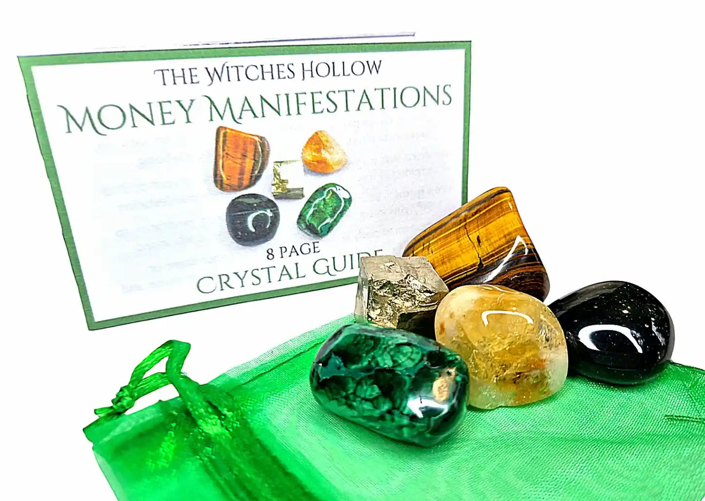 Money manifestation crystal pack complete set showing crystals, green drawstring pouch and 8-page crystal guide booklet for abundance and prosperity magic - The Witches Hollow UK
