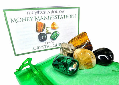 Money manifestation crystal pack complete set showing crystals, green drawstring pouch and 8-page crystal guide booklet for abundance and prosperity magic - The Witches Hollow UK