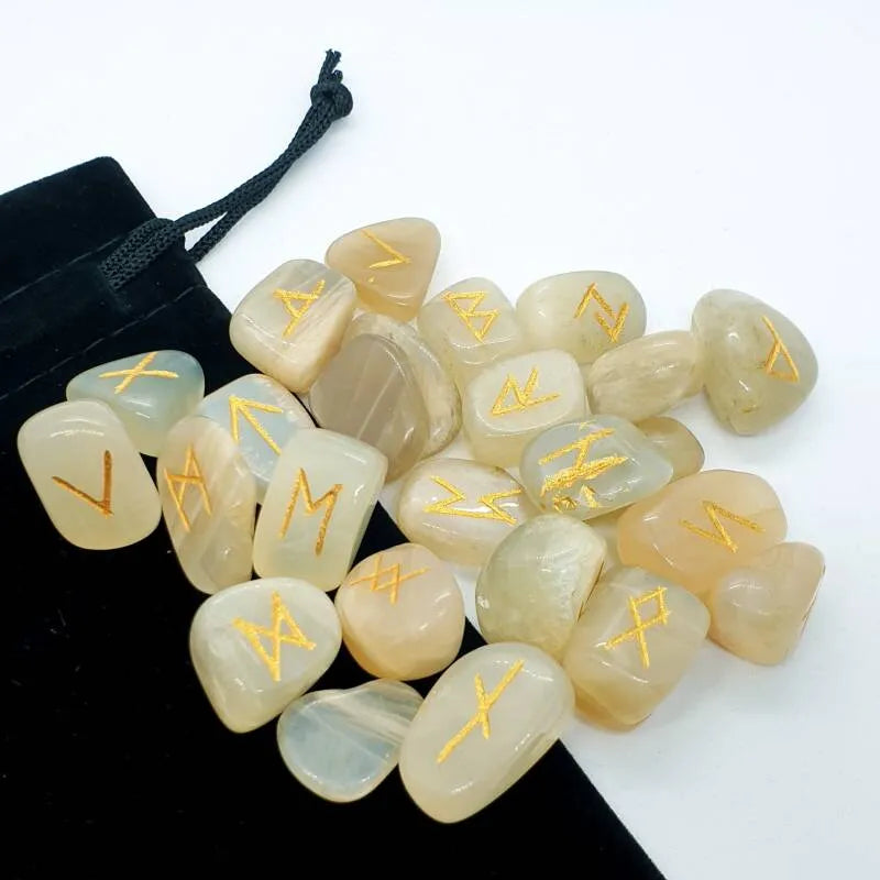 Moonstone futhark rune set with cream stones for Norse divination and lunar energy from The Witches Hollow UK