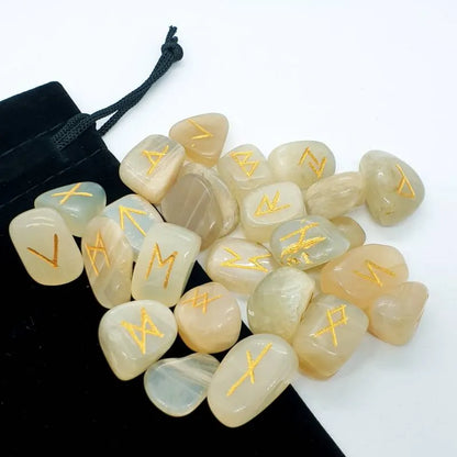 Moonstone futhark rune set with cream stones for Norse divination and lunar energy from The Witches Hollow UK