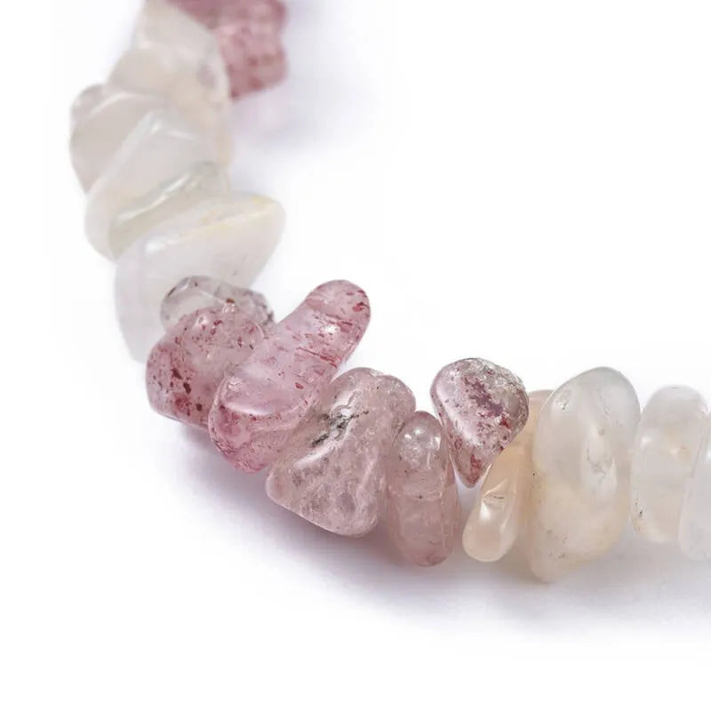 Moonstone strawberry quartz crystal bracelet detail showing mixed pink stones for goddess energy from The Witches Hollow UK