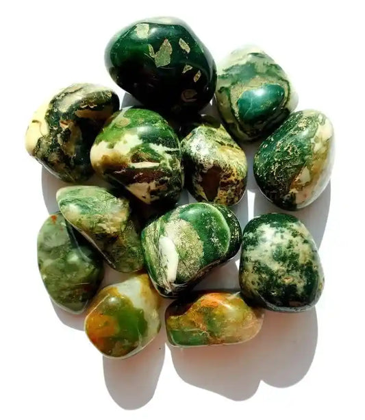 Moss agate tumble stone with green crystal for nature connection and grounding from The Witches Hollow UK