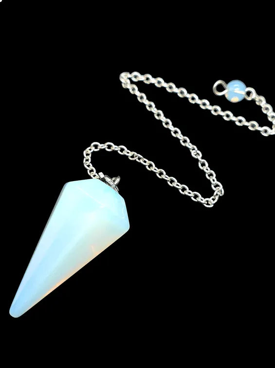 Opalite faceted cone pendulum detail showing iridescent crystal for psychic development and communication from The Witches Hollow UK