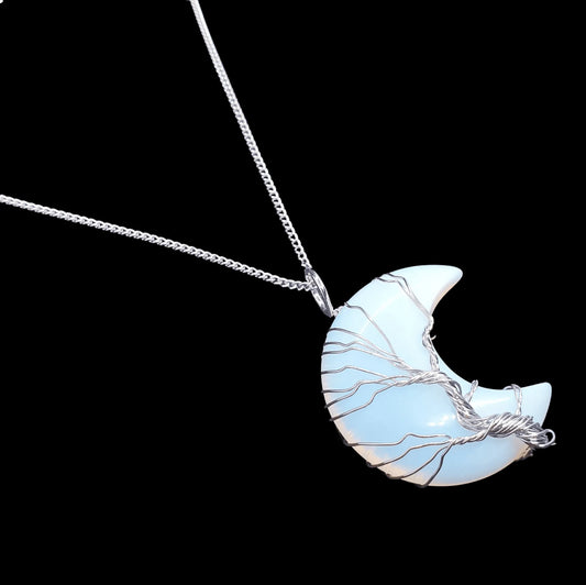 Opalite moon wire wrapped pendant alternative view with iridescent crystal crescent for divine feminine energy from The Witches Hollow UK