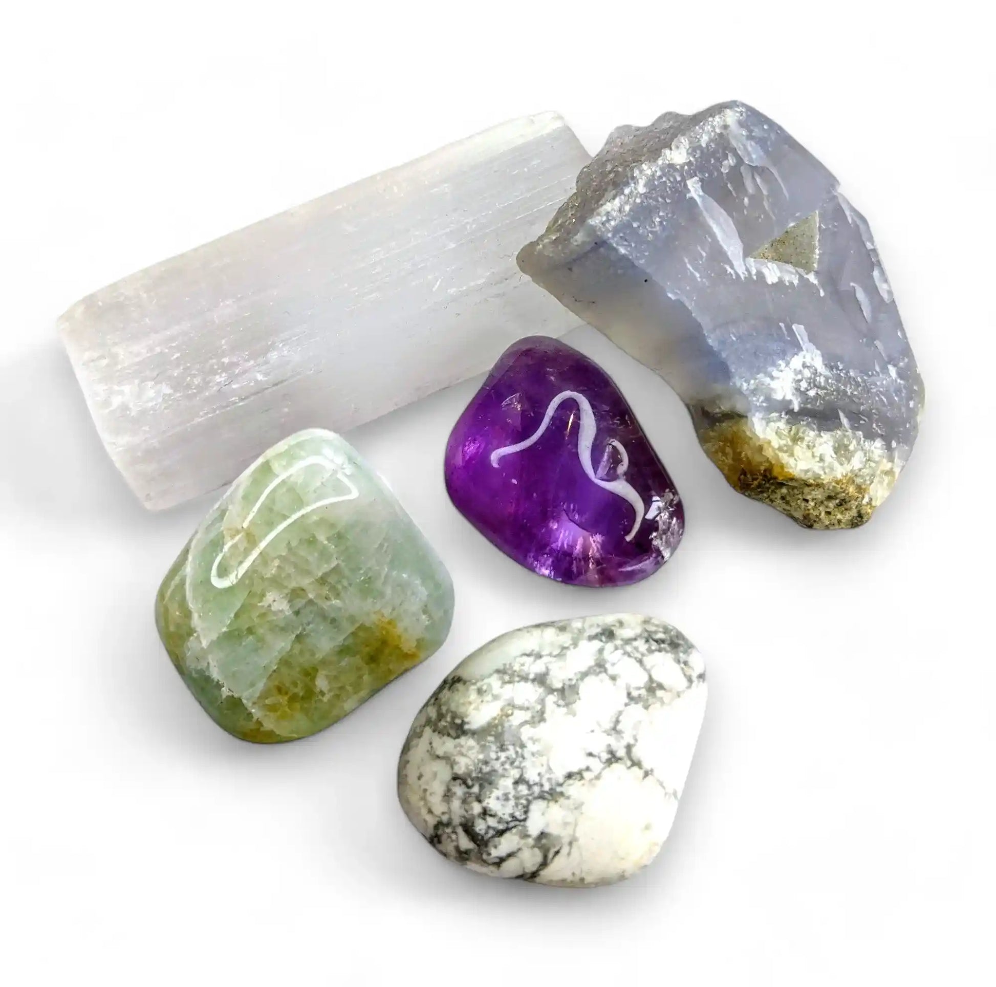 Peace tranquillity crystal healing pack with 5 natural stones - Selenite, Amethyst, Aquamarine, White Howlite and Blue Lace Agate for serenity