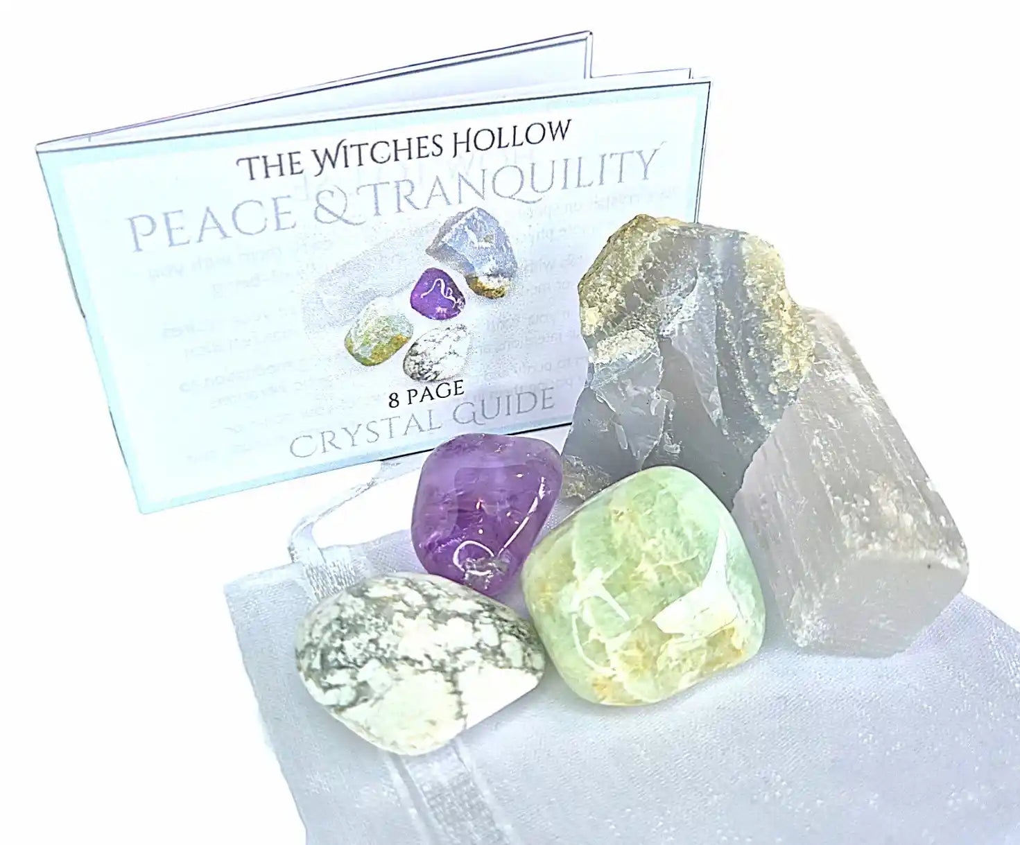 Peace tranquility crystal pack complete set showing crystals, light blue drawstring pouch and 8-page crystal guide booklet for inner calm and peaceful energy - The Witches Hollow UK