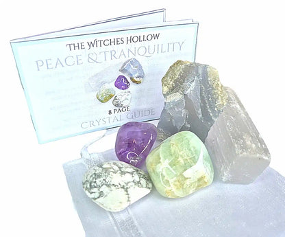 Peace tranquility crystal pack complete set showing crystals, light blue drawstring pouch and 8-page crystal guide booklet for inner calm and peaceful energy - The Witches Hollow UK