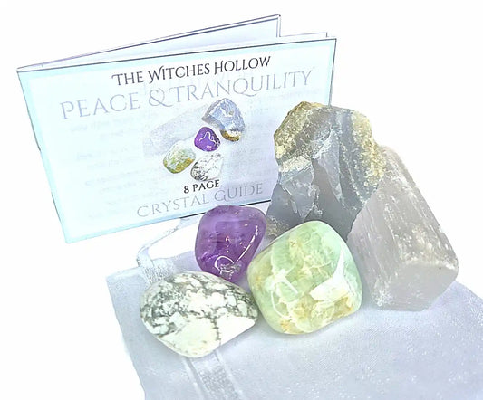 Peace tranquility crystal pack complete set showing crystals, light blue drawstring pouch and 8-page crystal guide booklet for inner calm and peaceful energy - The Witches Hollow UK