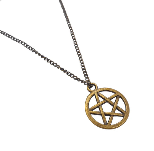 Pentacle necklace antique bronze detail showing aged pentagram pendant for vintage pagan style from The Witches Hollow UK