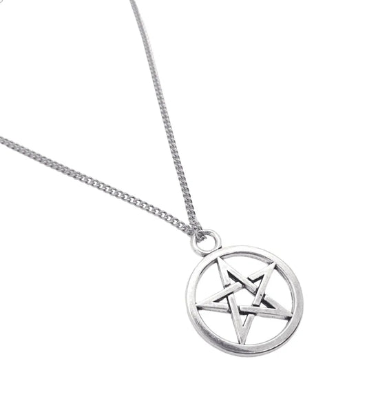 Pentacle necklace overlap silver tone with layered pentagram design for Wiccan protection and power from The Witches Hollow UK