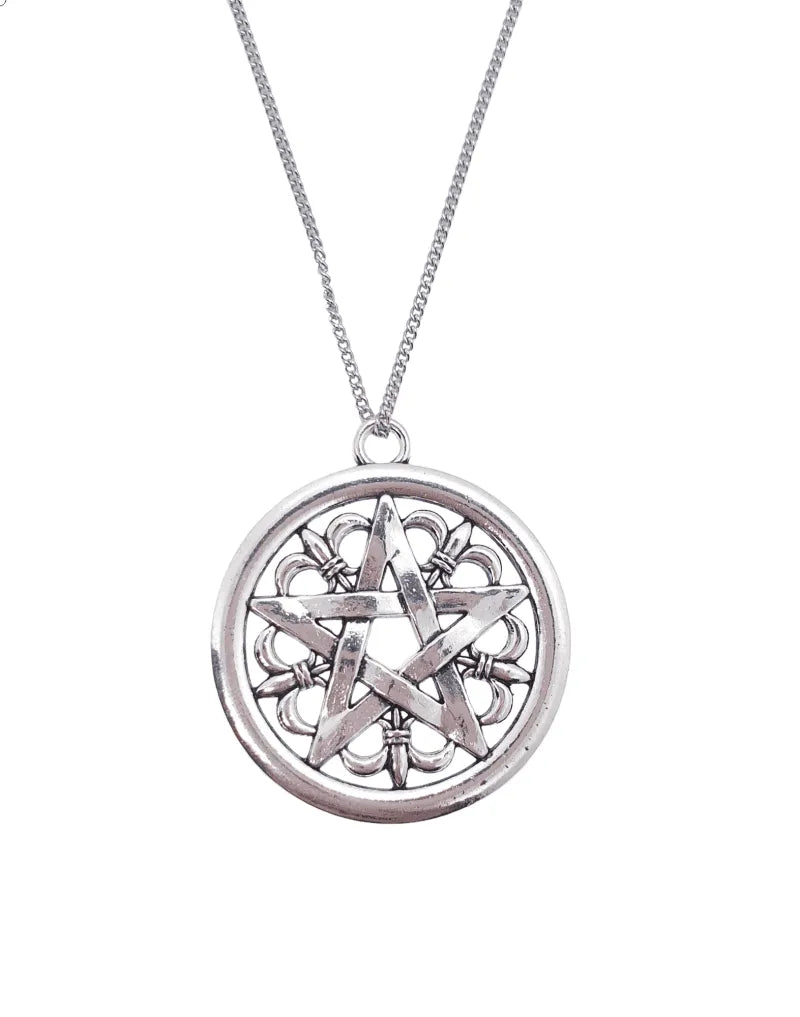 Pentacle necklace silver tone detail showing polished pentagram for pagan spirituality and magic from The Witches Hollow UK