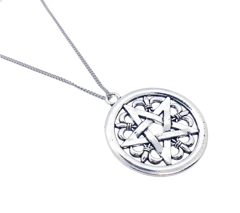 Pentacle necklace silver tone with bright pentagram pendant for Wiccan protection and spiritual power from The Witches Hollow UK