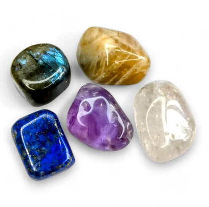 Psychic abilities crystal healing pack with 5 natural stones - Labradorite, Amethyst, Lapis Lazuli, Moonstone and Clear Quartz for clairvoyance and intuition