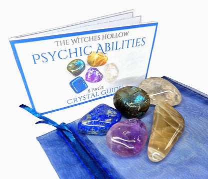 Psychic abilities crystal pack complete set showing crystals, blue drawstring pouch and 8-page crystal guide booklet for third eye chakra and intuition enhancement - The Witches Hollow UK