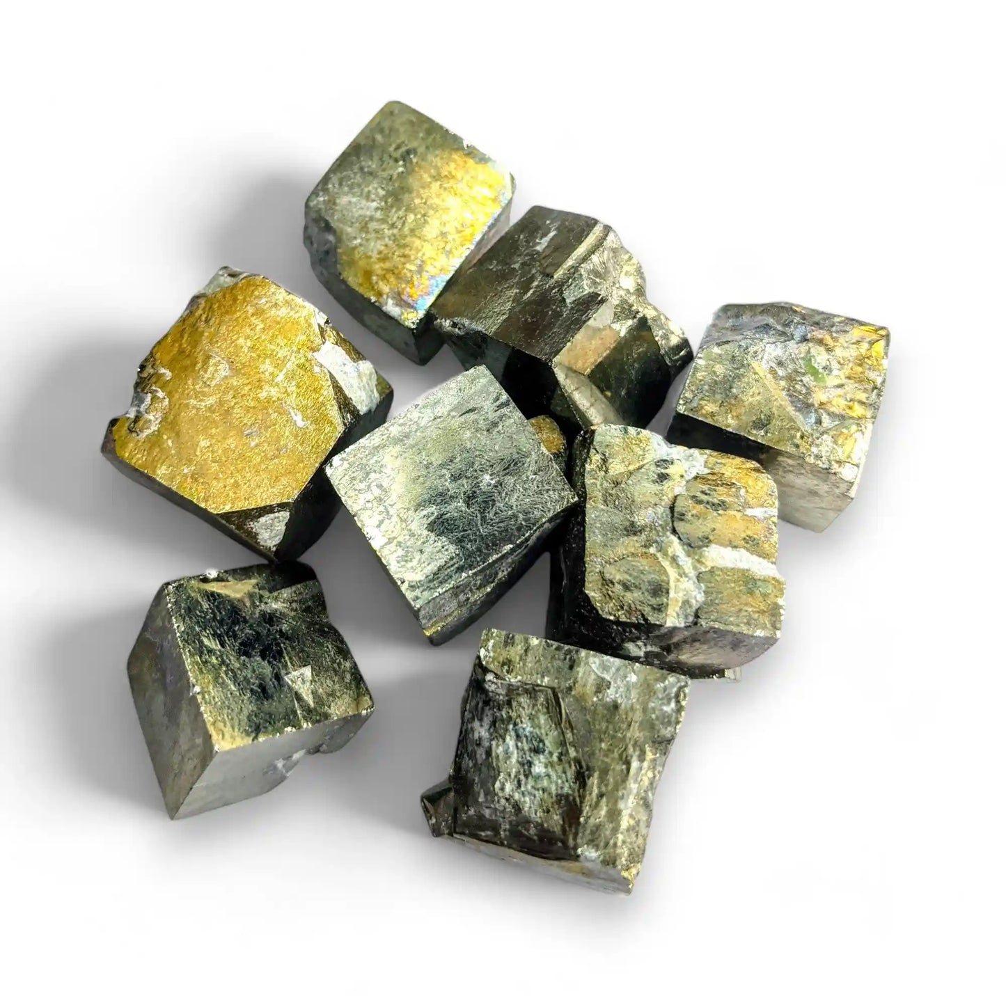 Pyrite cubes tumble stone with golden cubic crystals for prosperity and confidence from The Witches Hollow UK