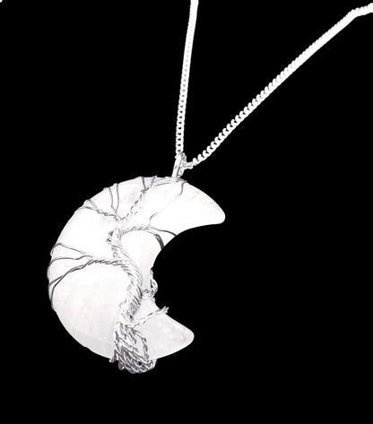 Quartz moon wire wrapped pendant alternative view with clear crystal crescent for moon goddess energy from The Witches Hollow UK