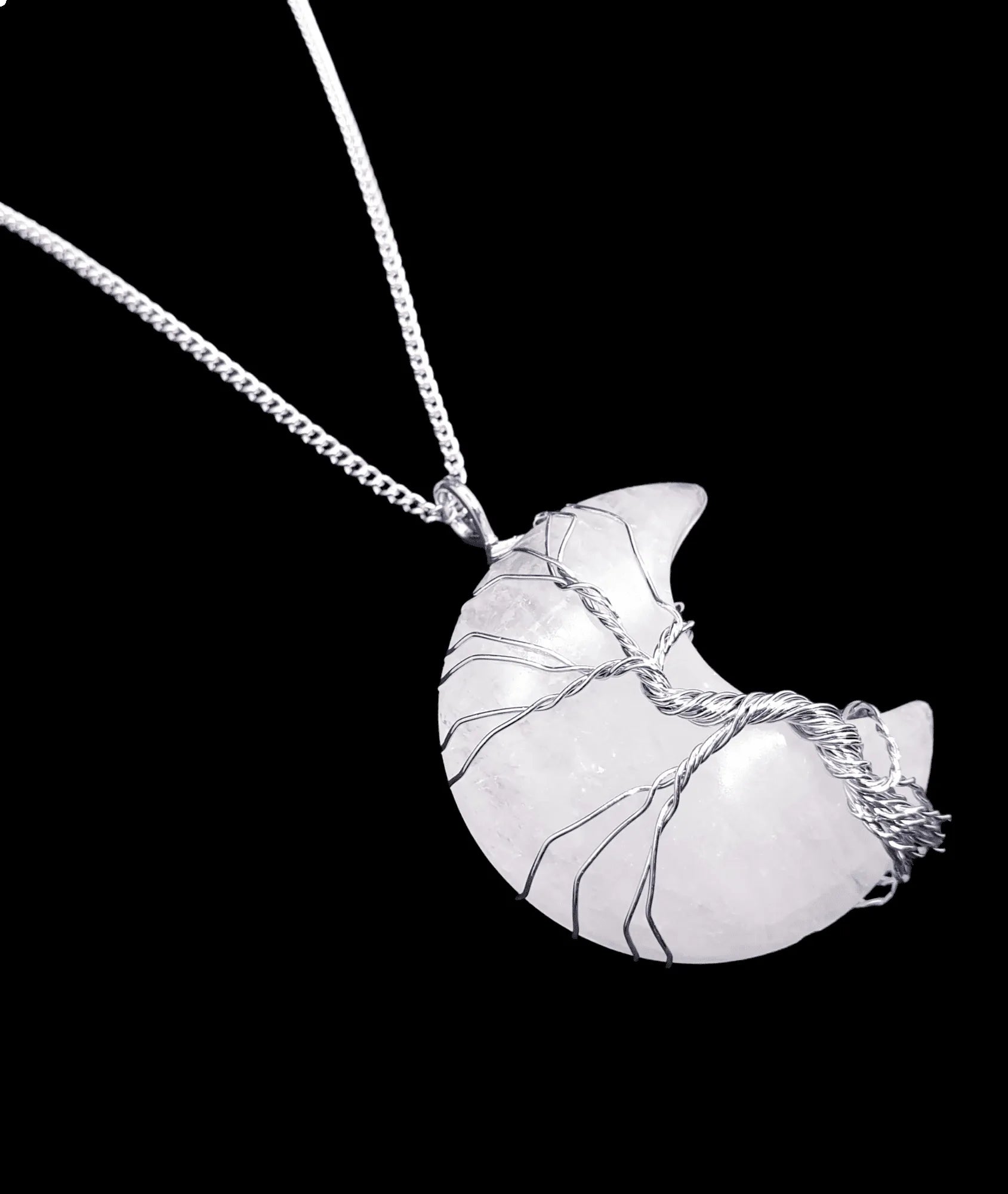 Quartz moon wire wrapped pendant with clear crystal crescent for lunar energy and intuition from The Witches Hollow UK