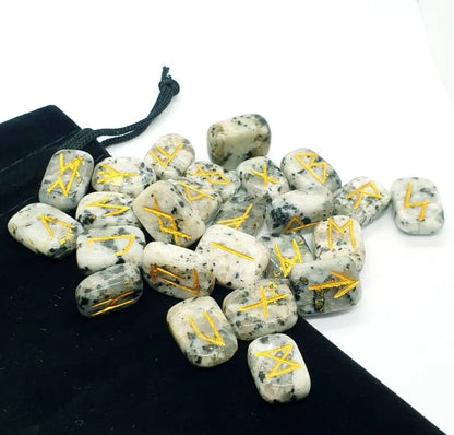 Rainbow moonstone futhark rune set detail with iridescent stones for Norse divination and lunar magic from The Witches Hollow UK