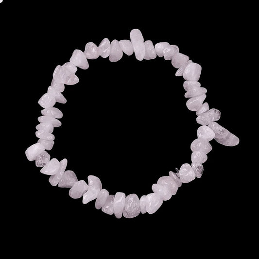 Rose quartz chip bracelet with pink healing stones for unconditional love and heart chakra from The Witches Hollow UK