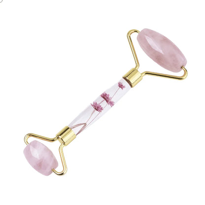 Rose quartz crystal facial roller for skincare with pink healing stone for self-love from The Witches Hollow UK